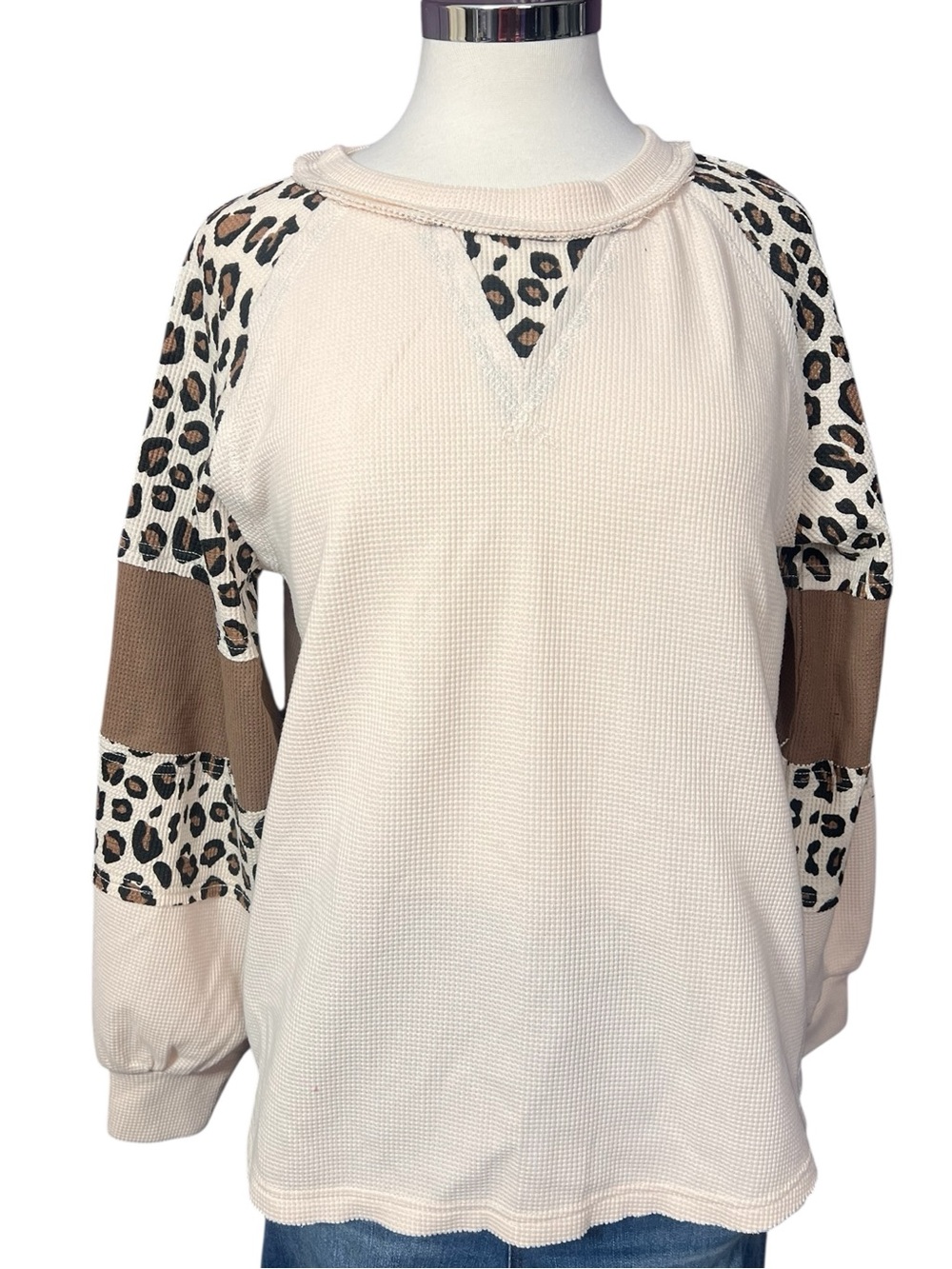 Umgee Vanilla Animal Print Waffle Knit Balloon Sleeve Top